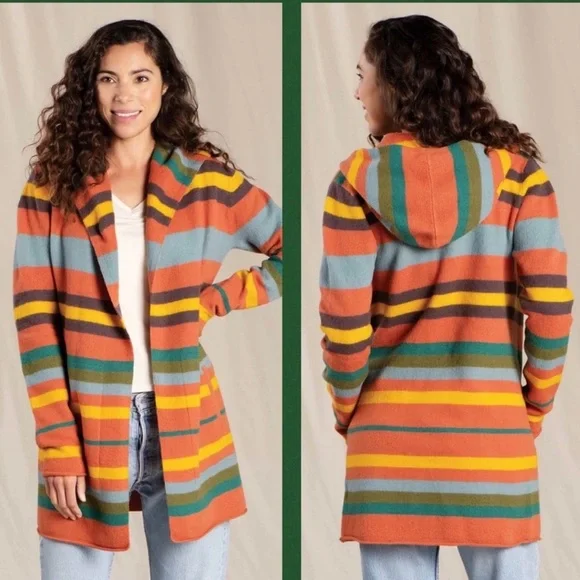 Toad & Co Heartfelt Merino Wool Hoodie in Orange/Yellow/Olive Green/Blue Medium - Picture 1 of 13